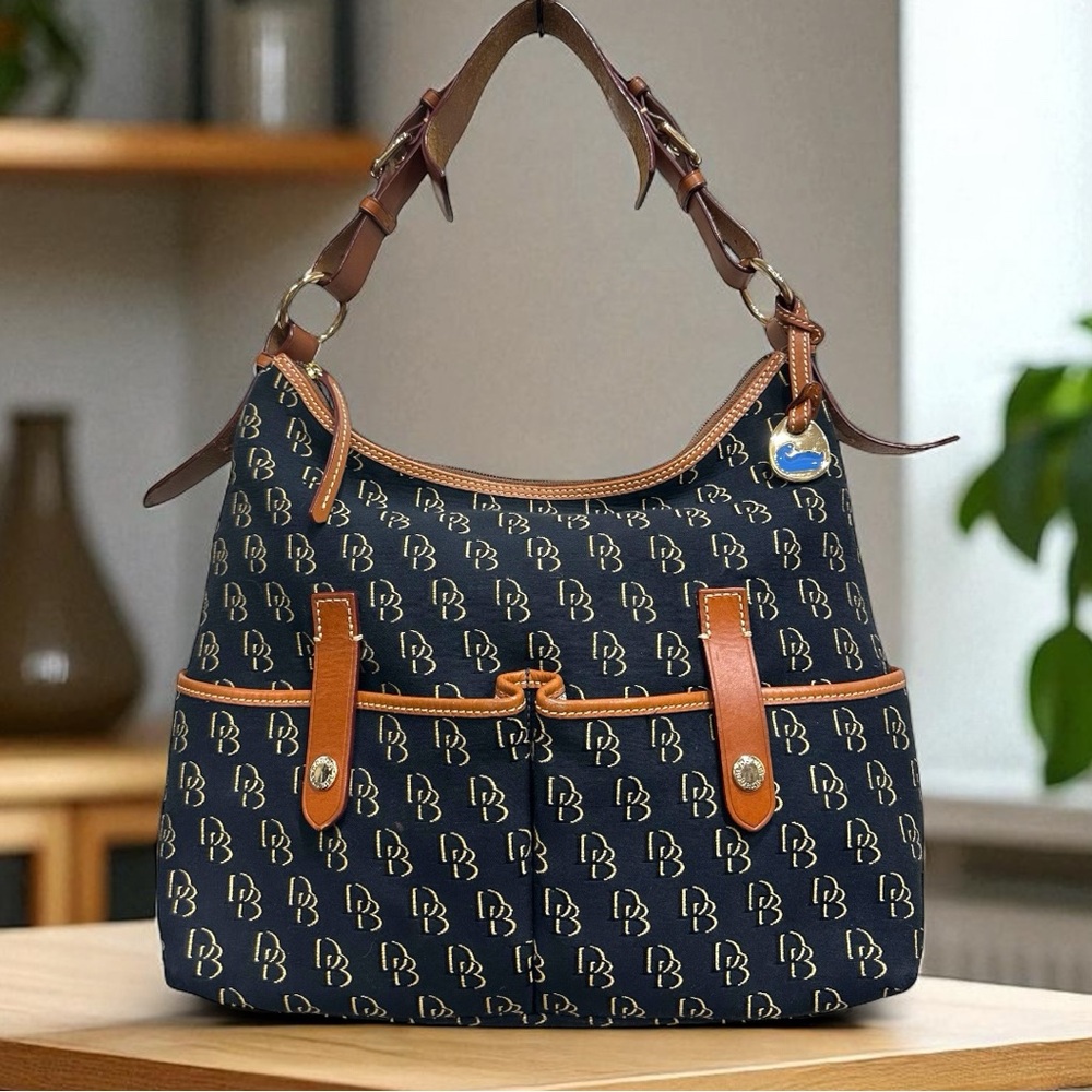 Vintage Y2K Dooney & Bourke Dark Navy Logo Canvas & Leather Hobo Shoulder Bag